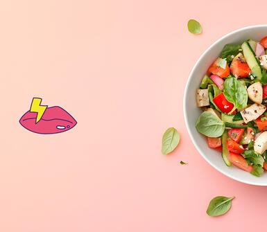 Visuel d'un dessin d'une bouche fermée à coté d'une salade composée