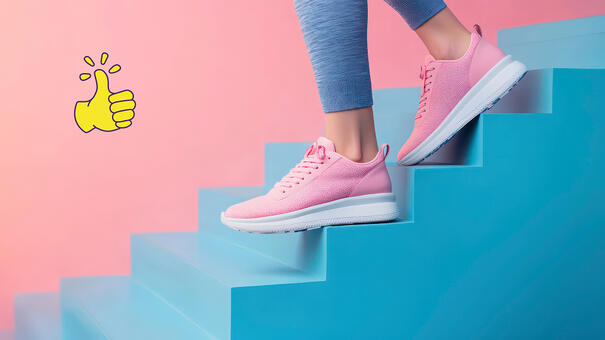 Gros plan sur des jambes/pieds avec des baskets rose descendant un escalier