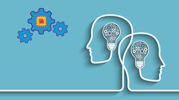Visuel de rouages ainsi que 2 contours de visage fait avec un fil
