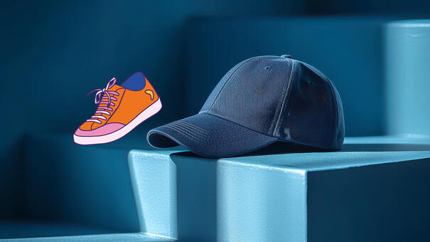 Visuel d'une casque posé sur des marches d'escalier et une basket orange dessiné à coté