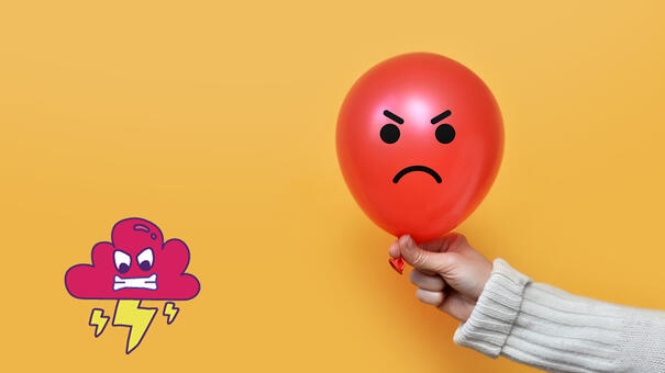 Bras tenant un ballon avec le dessin d'un smiley qui fait la tête ainsi qu'a coté un gros nuage avec des éclairs