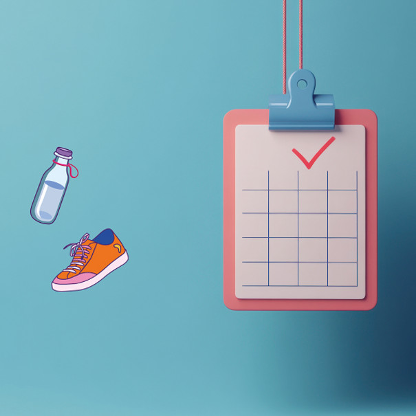 Visuel d'une basket, d'une gourde d'eau et d'un tableau d'objectif rempli
