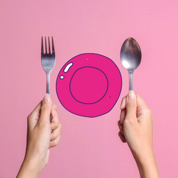 Deux mains tenant fourchette et cuillère, au milieu une assiette dessinée 