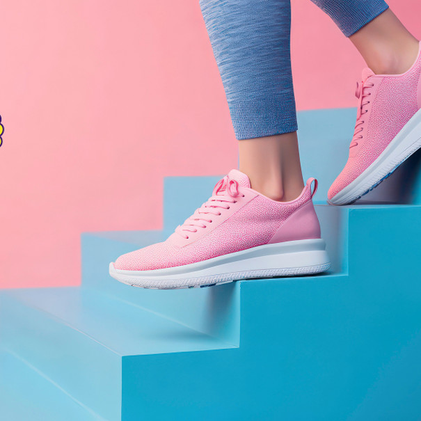 Gros plan sur des jambes/pieds avec des baskets rose descendant un escalier