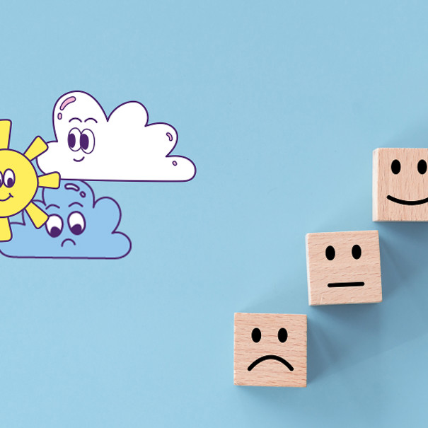 Visuel de nuages et d'un soleil souriant avec des smileys allant de pas content jusqu’à content