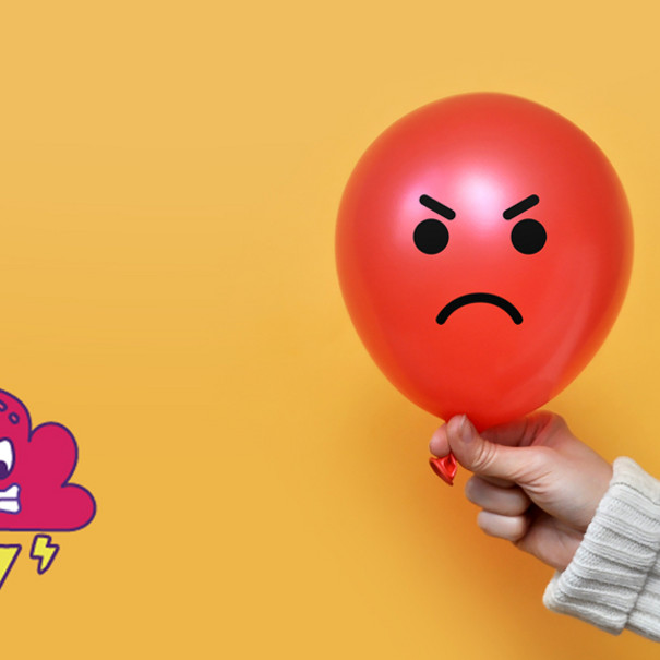 Bras tenant un ballon avec le dessin d'un smiley qui fait la tête ainsi qu'a coté un gros nuage avec des éclairs