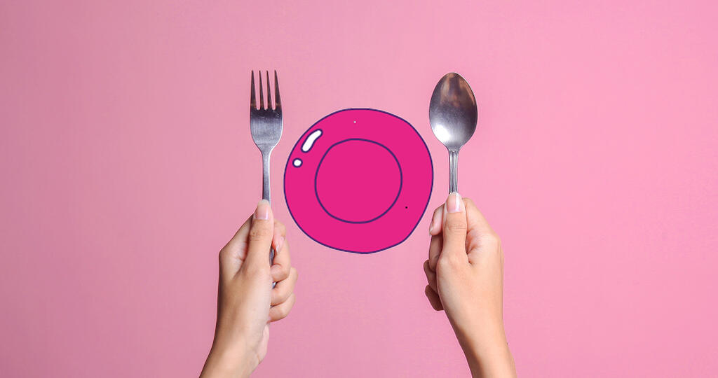Deux mains tenant fourchette et cuillère, au milieu une assiette dessinée