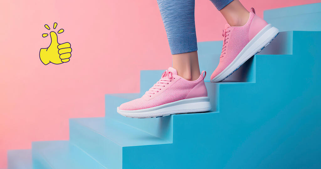 Gros plan sur des jambes/pieds avec des baskets rose descendant un escalier