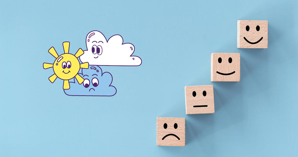 Visuel de nuages et d'un soleil souriant avec des smileys allant de pas content jusqu’à content