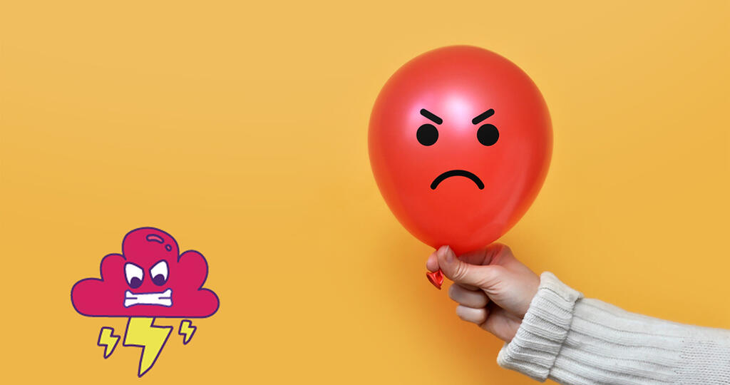 Bras tenant un ballon avec le dessin d'un smiley qui fait la tête ainsi qu'a coté un gros nuage avec des éclairs
