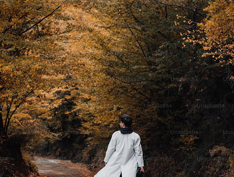 Visuel d'une femme marchant sur un sentier en automne