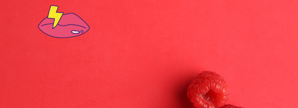 Visuel montrant une bouche dessinée avec un éclair dessus pour représenter l'altération du goût ainsi qu'une framboise