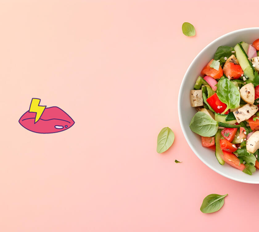 Visuel d'un dessin d'une bouche fermée à coté d'une salade composée